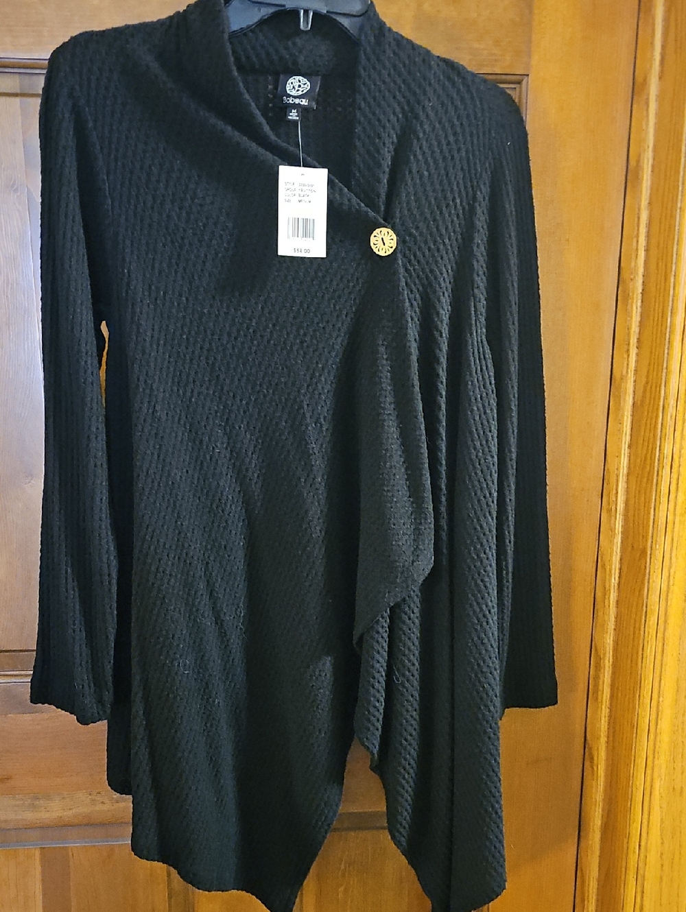 Bobeau Black Textured Asymmetrical Drape Cardigan with Decorative Button